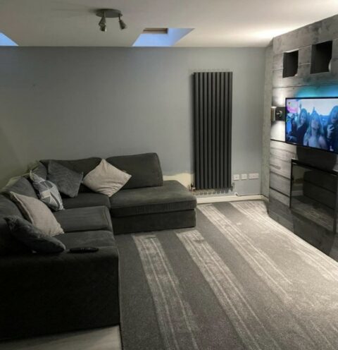 Living room with grey rug and carpet