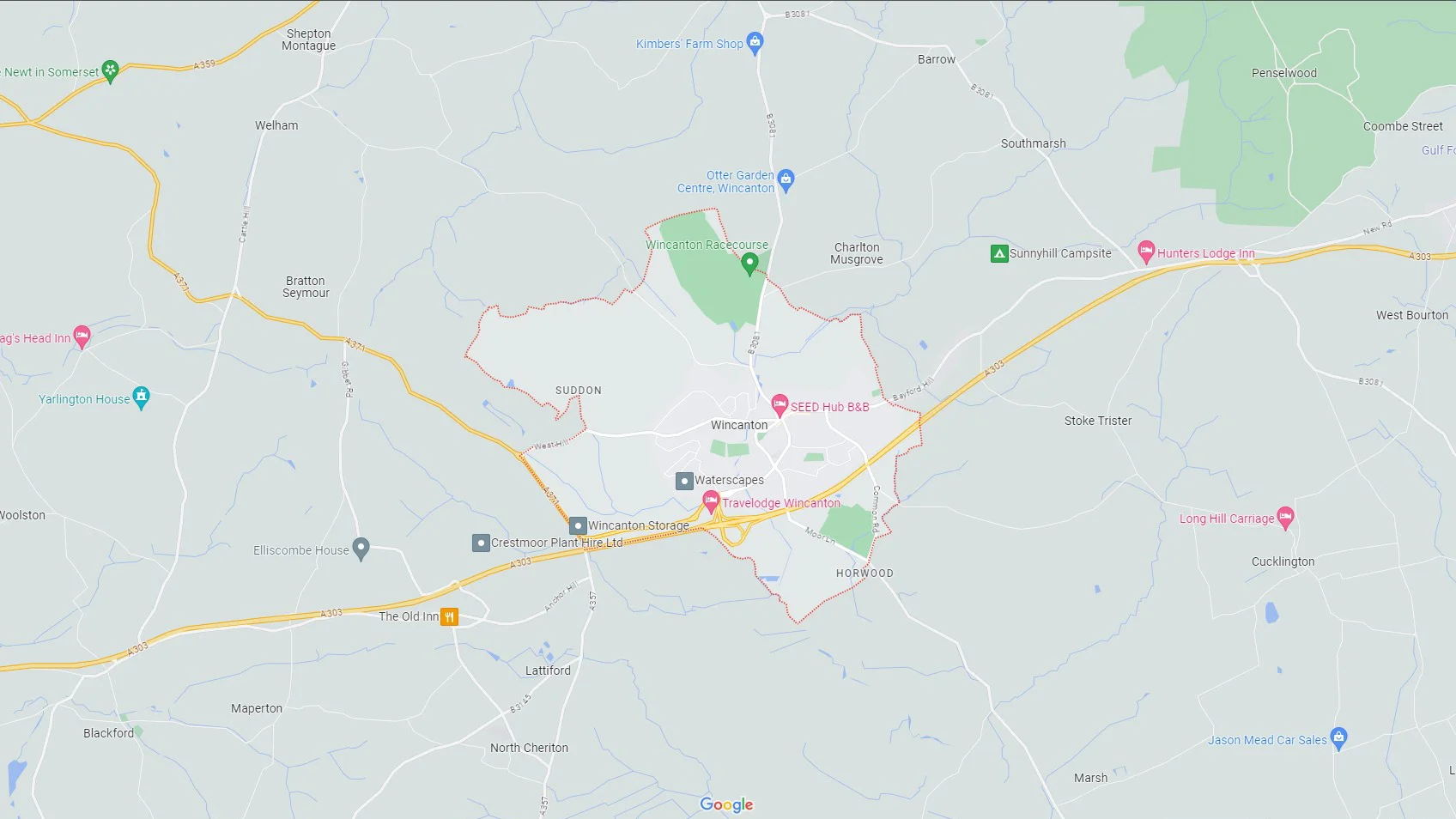 Area map of Wincanton in Somerset