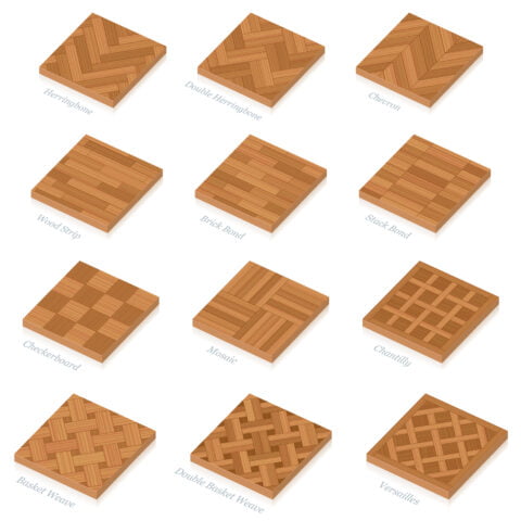 Three-dimensional wooden floor plates showing different styles of wood flooring